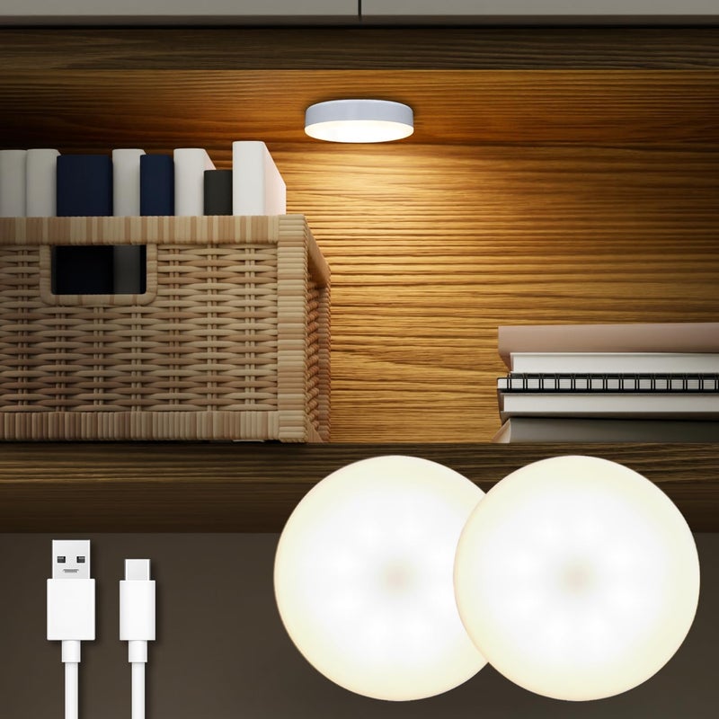 DAZZY DOT Rechargeable Puck Lights 2 Pack, Magnetic Tap Light 1000mAh Battery Powered, Warm Yellow, Dimmable Touch Light Stick on for Closet, Locker, Cabinet, Bedside, Kitchen - Image 1